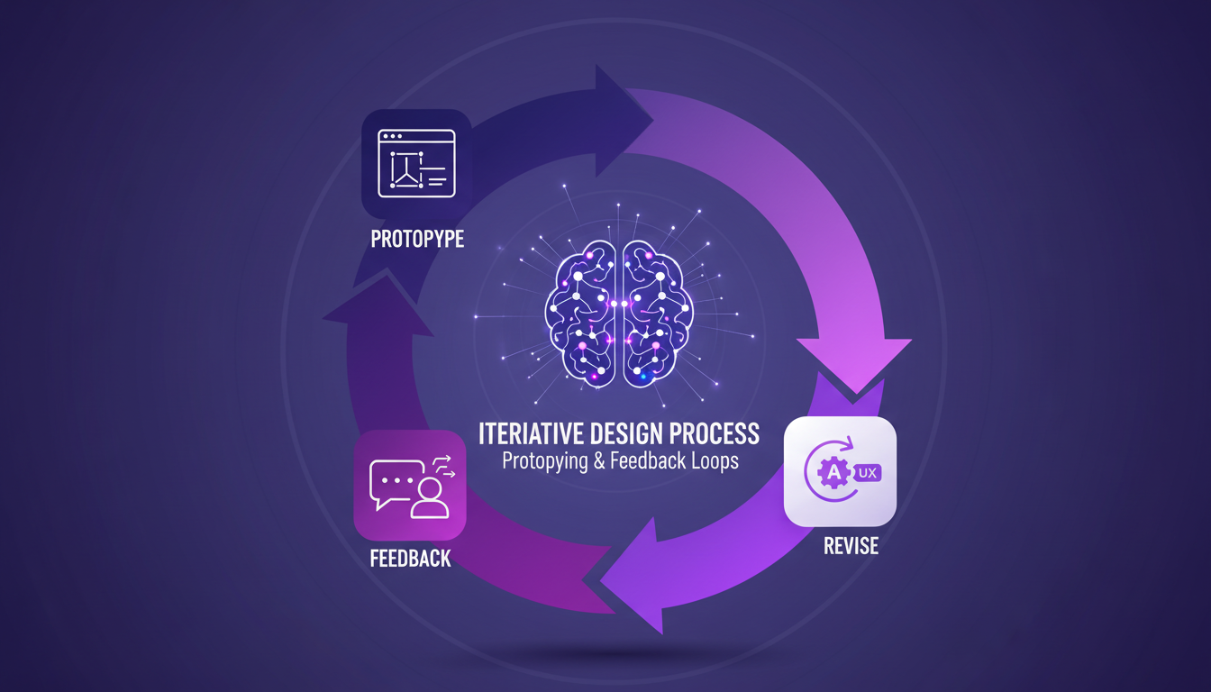 Illustration moderne du processus de design itératif avec prototypes et boucles de rétroaction, utilisant des formes géométriques et des dégradés.
