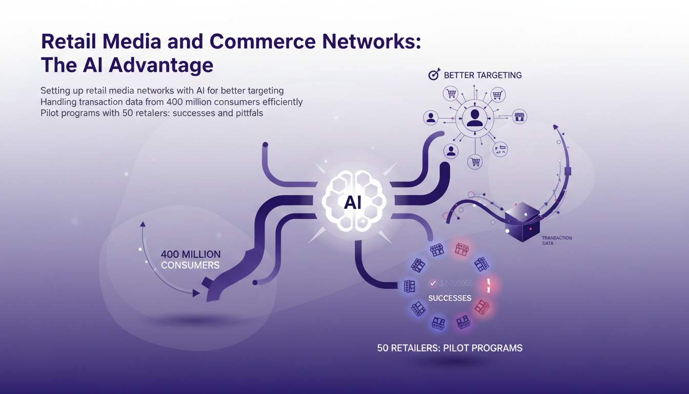 Modern illustration of retail media networks using AI, featuring geometric shapes and indigo gradients, symbolizing data efficiency.