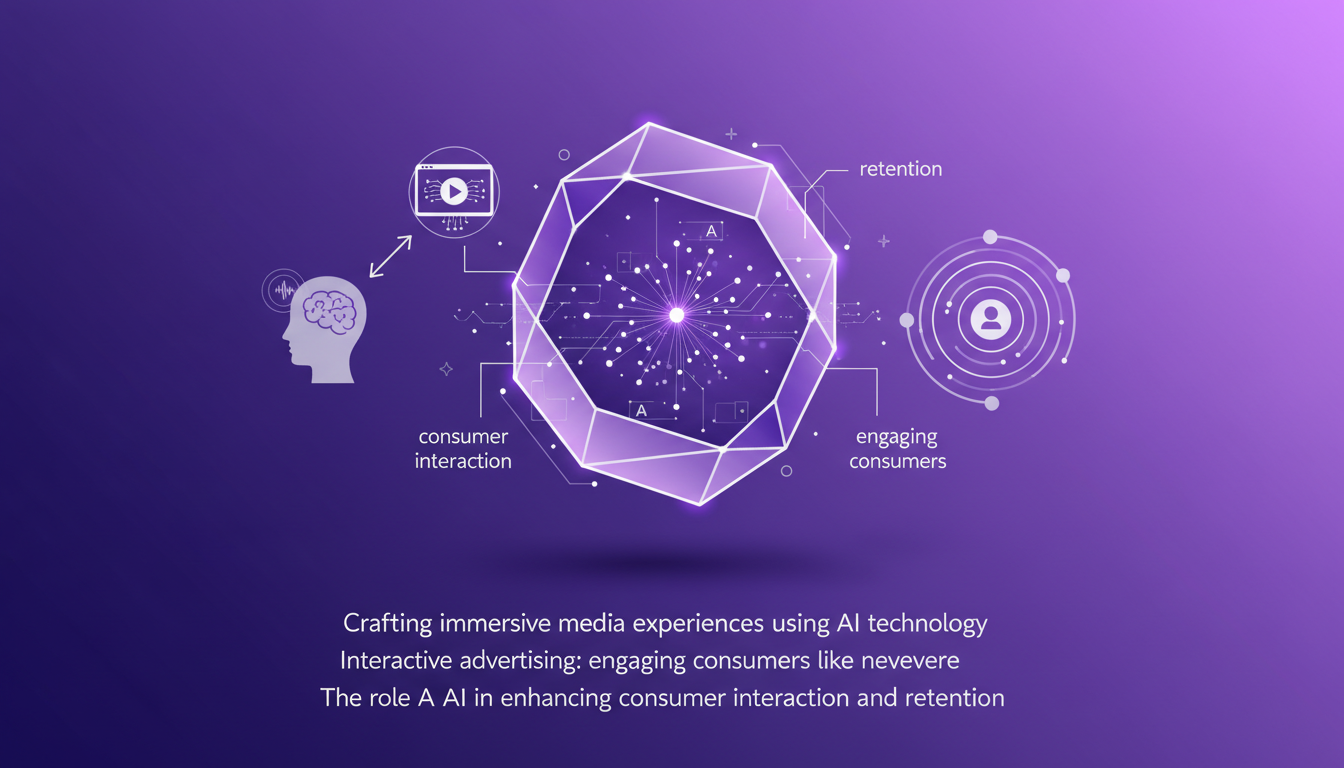 Modern, minimalist illustration of interactive and immersive media experiences with AI, featuring geometric shapes and gradient overlays.