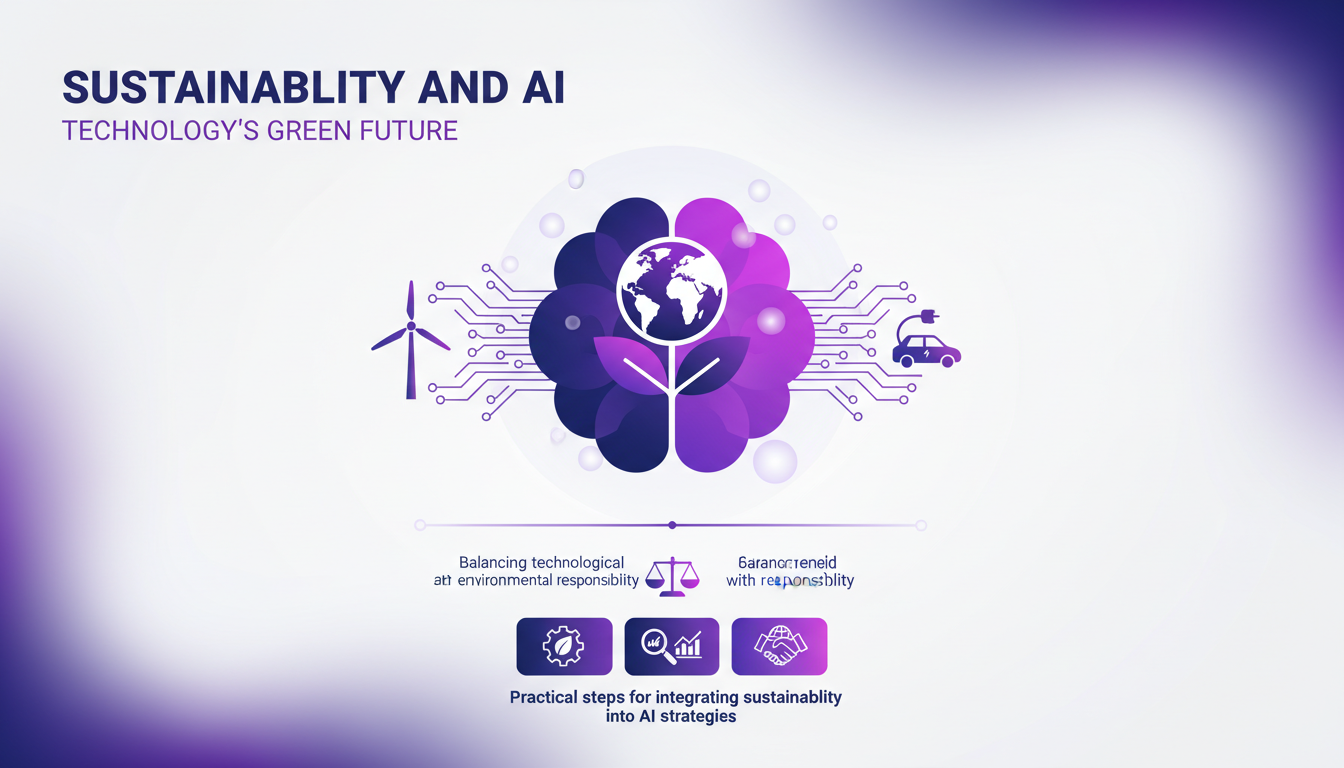 Modern illustration of AI's green future in sustainability, featuring geometric shapes and indigo-violet gradients.