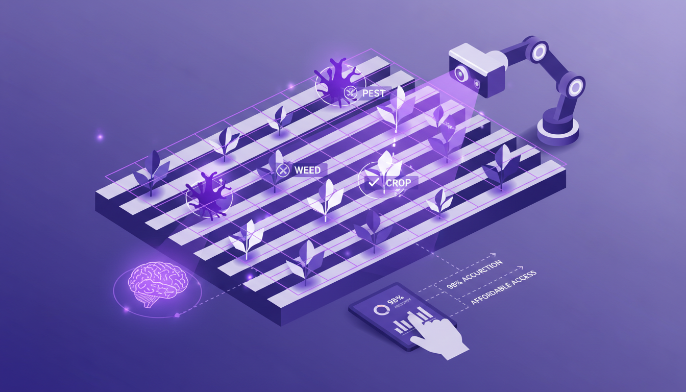 Illustration moderne de la technologie IA identifiant les mauvaises herbes et ravageurs, avec formes géométriques et dégradés violets.