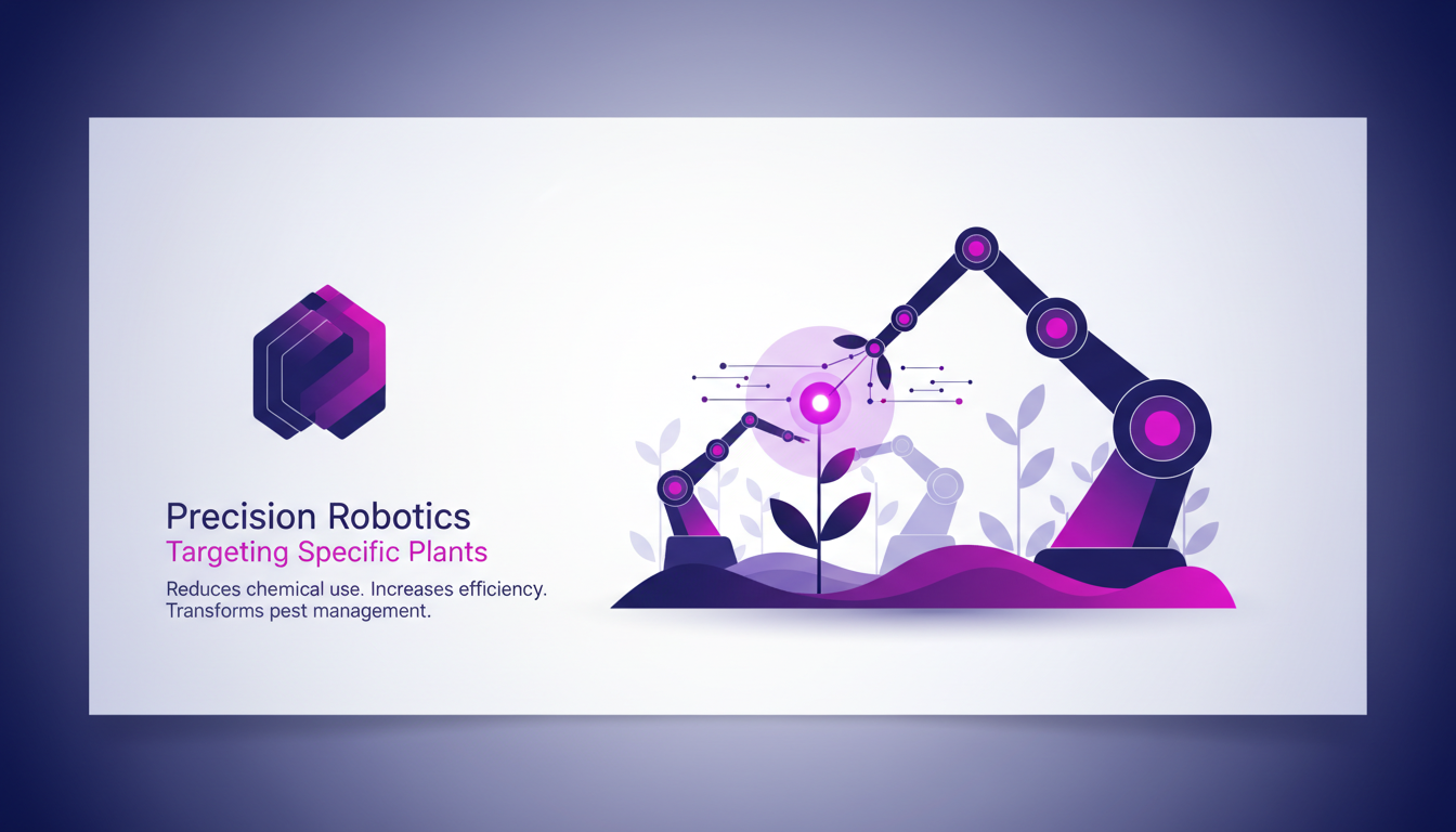 Illustration moderne de robots de précision ciblant des plantes spécifiques avec IA, réduisant l'usage de produits chimiques, palette indigo-violet.