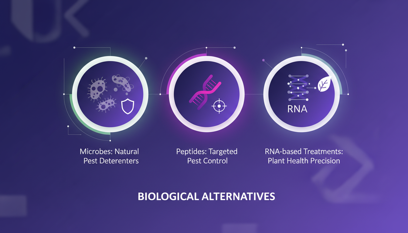Illustration moderne de microbes, peptides et ARN comme alternatives biologiques pour la santé des plantes, avec formes géométriques et dégradés.