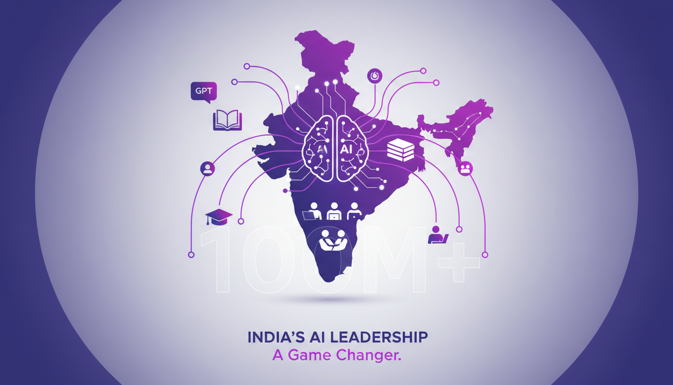 Modern illustration of India's AI leadership, showcasing rapid Chat GPT adoption by 100 million users, impacting education and workforce.