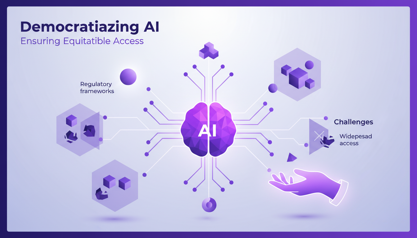 Modern illustration of equitable AI access with geometric shapes and gradients, symbolizing democratization of AI tools.