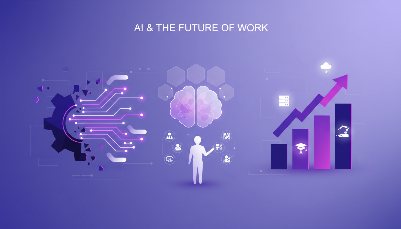 Modern illustration of AI's impact on future employment, depicting innovation and growth with geometric shapes and gradient overlays.