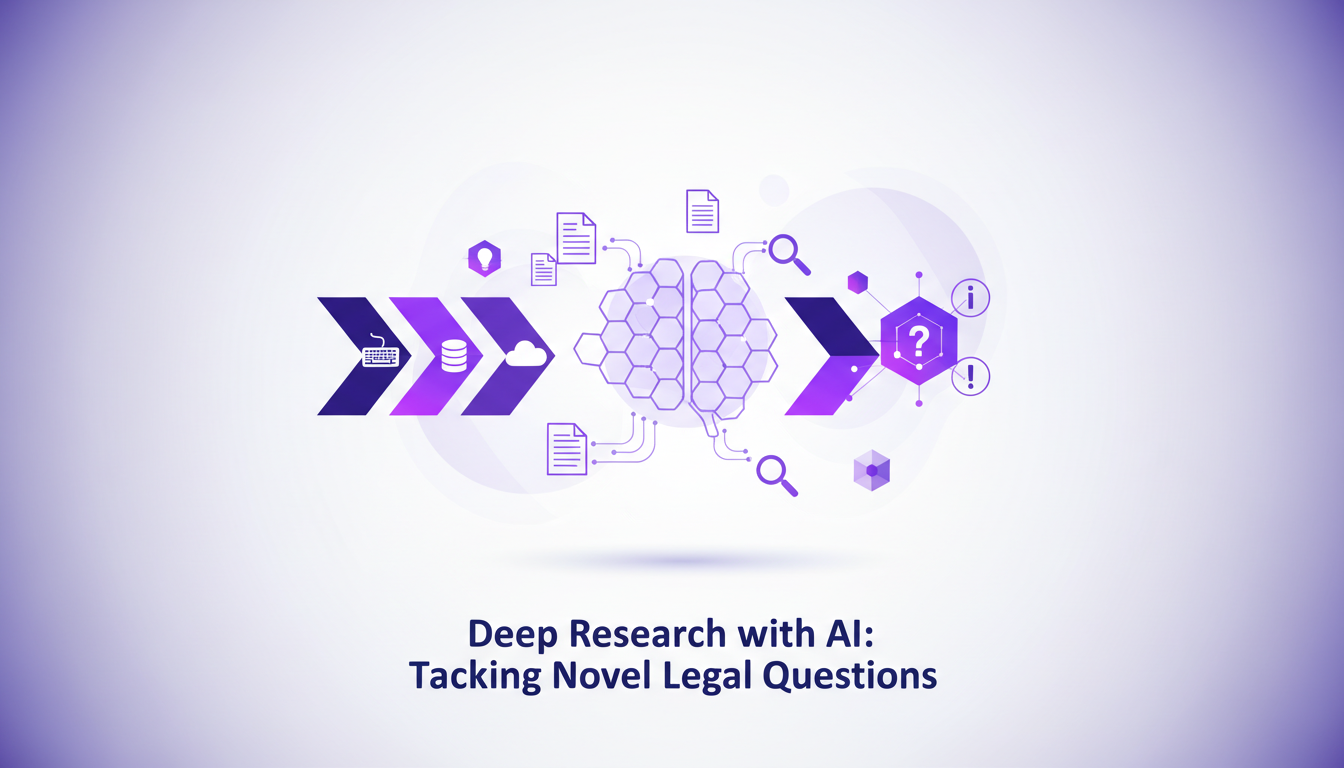 Modern illustration of legal research with AI, featuring geometric shapes and violet gradients, symbolizing innovation and technology.