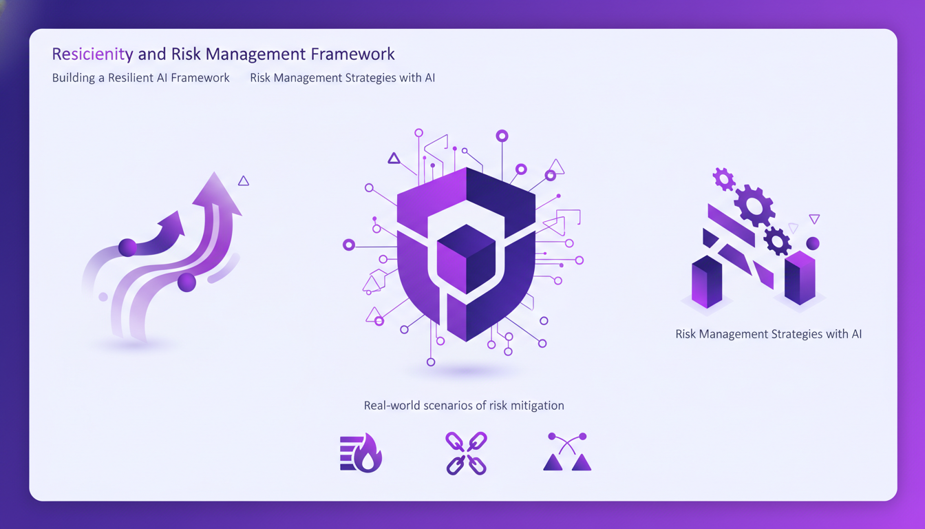 Modern illustration of AI Resiliency and Risk Management, featuring geometric shapes and violet gradients, for a professional blog.