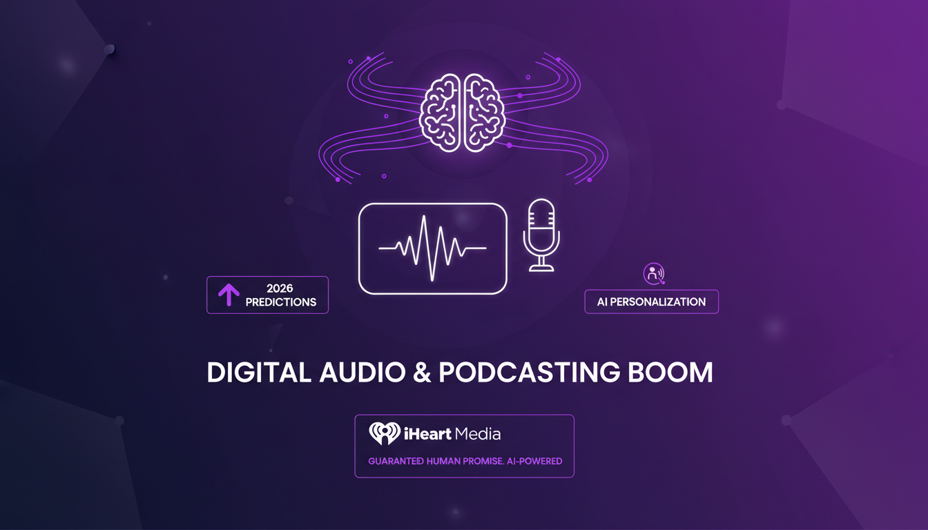 Illustration moderne de l'essor du podcasting numérique avec IA, prédictions 2026, iHeart Media, couleurs indigo et violet.