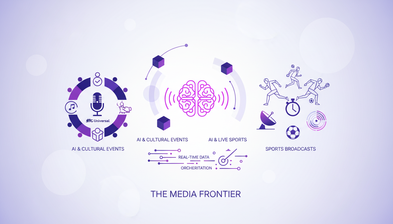 Illustration moderne d'événements sportifs avec IA, mettant en valeur l'approche de NBC Universal et l'importance des données en temps réel.