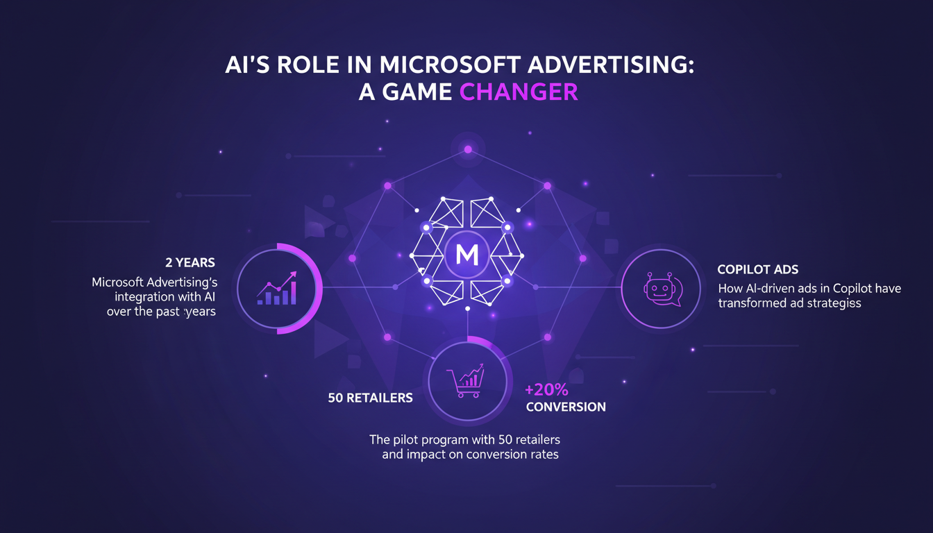 Illustration moderne de l'impact de l'IA sur la publicité Microsoft, montrant des formes géométriques et des dégradés indigo et violet.