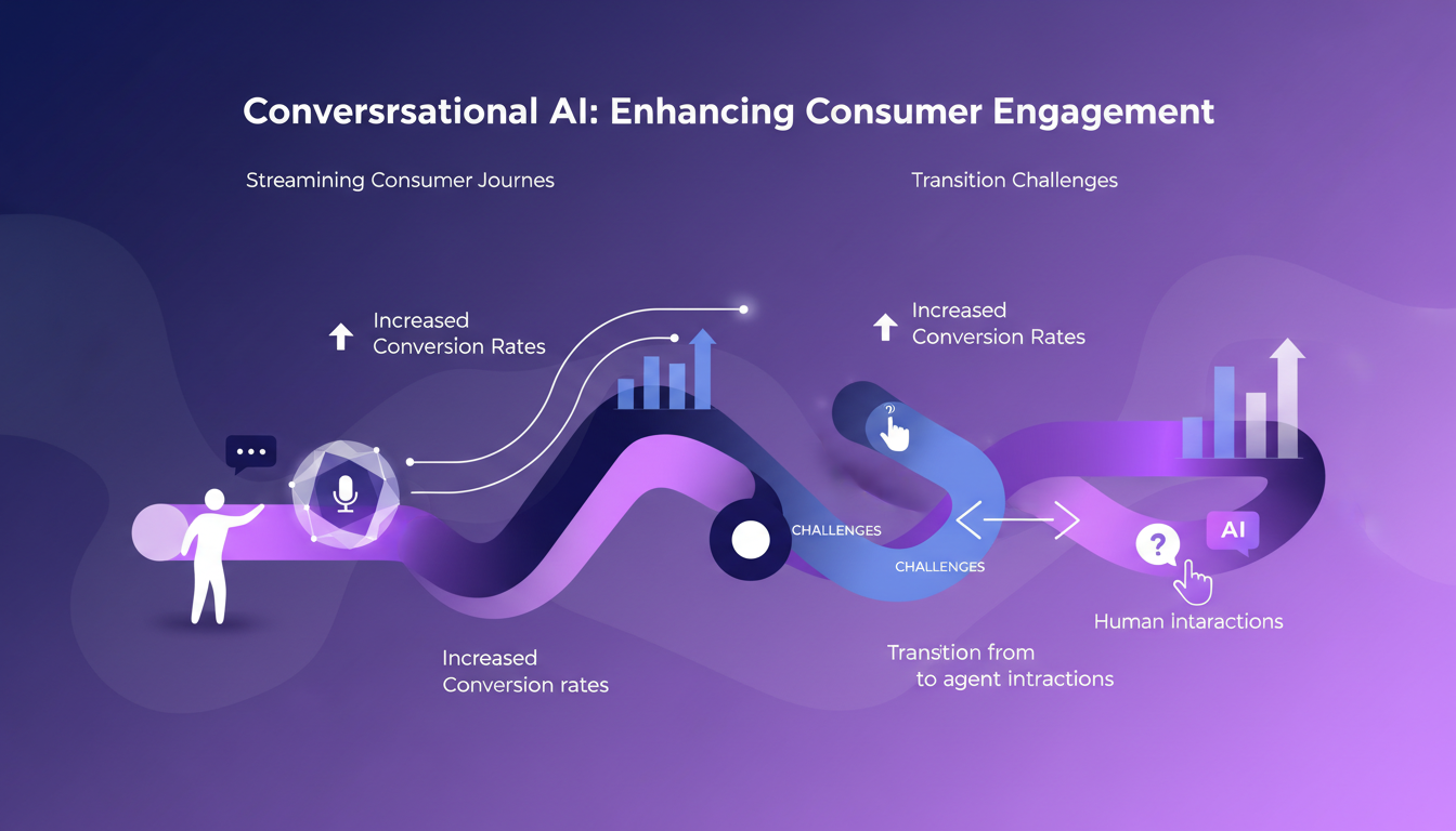 Illustration moderne de l'IA conversationnelle améliorant l'engagement, avec des formes géométriques et des dégradés dans des tons indigo et violet.