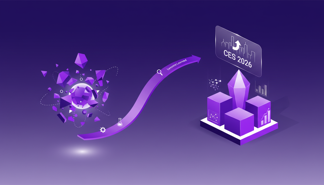 Illustration moderne de l'évolution de l'IA, passant de l'expérimentation à l'exécution pratique, avec des formes géométriques et des dégradés.