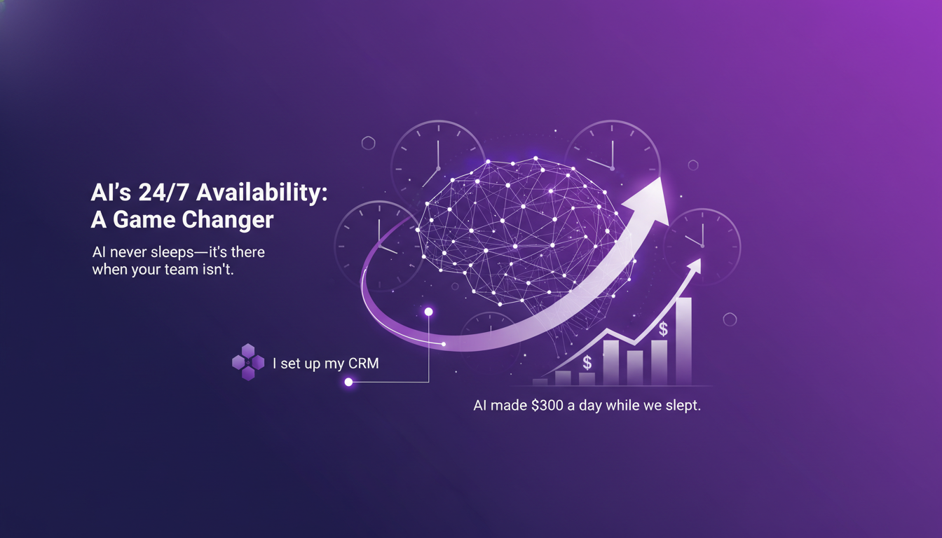 Illustration moderne de l'IA toujours disponible, montrant sa capacité à générer des revenus 24/7, avec des formes géométriques et des dégradés.