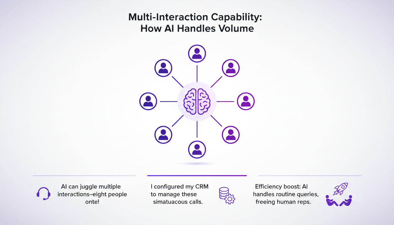 Illustration moderne de l'IA gérant huit interactions simultanées, montrant l'efficacité et l'innovation dans la gestion des appels CRM.