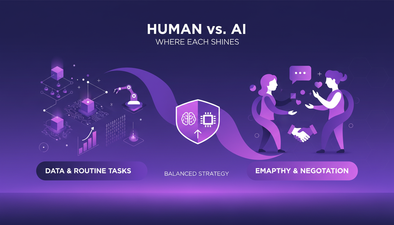 Illustration moderne minimaliste montrant l'équilibre entre l'IA et l'humain dans la stratégie de vente, avec des formes géométriques et des dégradés.