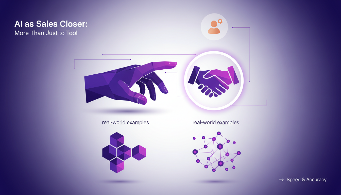 Modern illustration depicting AI as a sales closer tool, integrated with human oversight for optimal results, highlighting speed and accuracy.