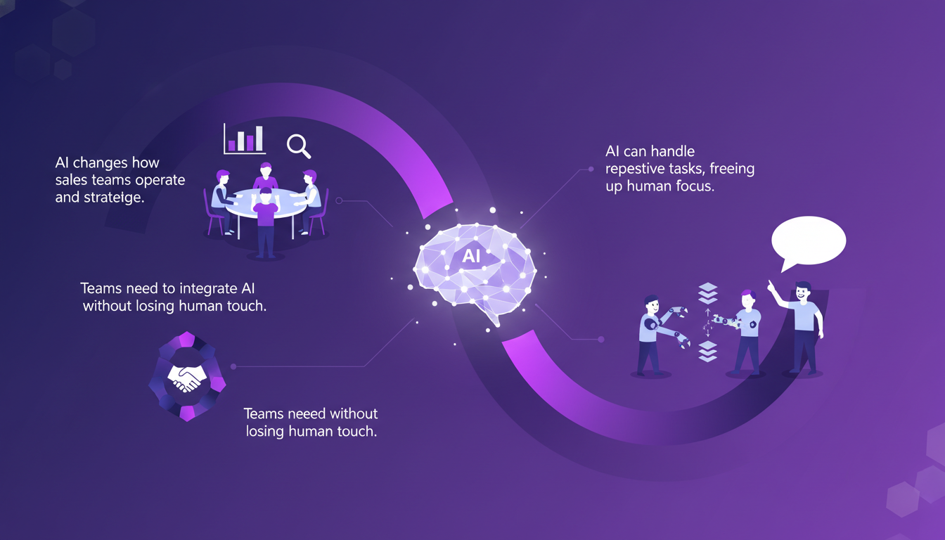 Modern illustration showing AI's impact on sales team dynamics with geometric shapes and subtle gradients, emphasizing innovation and teamwork.