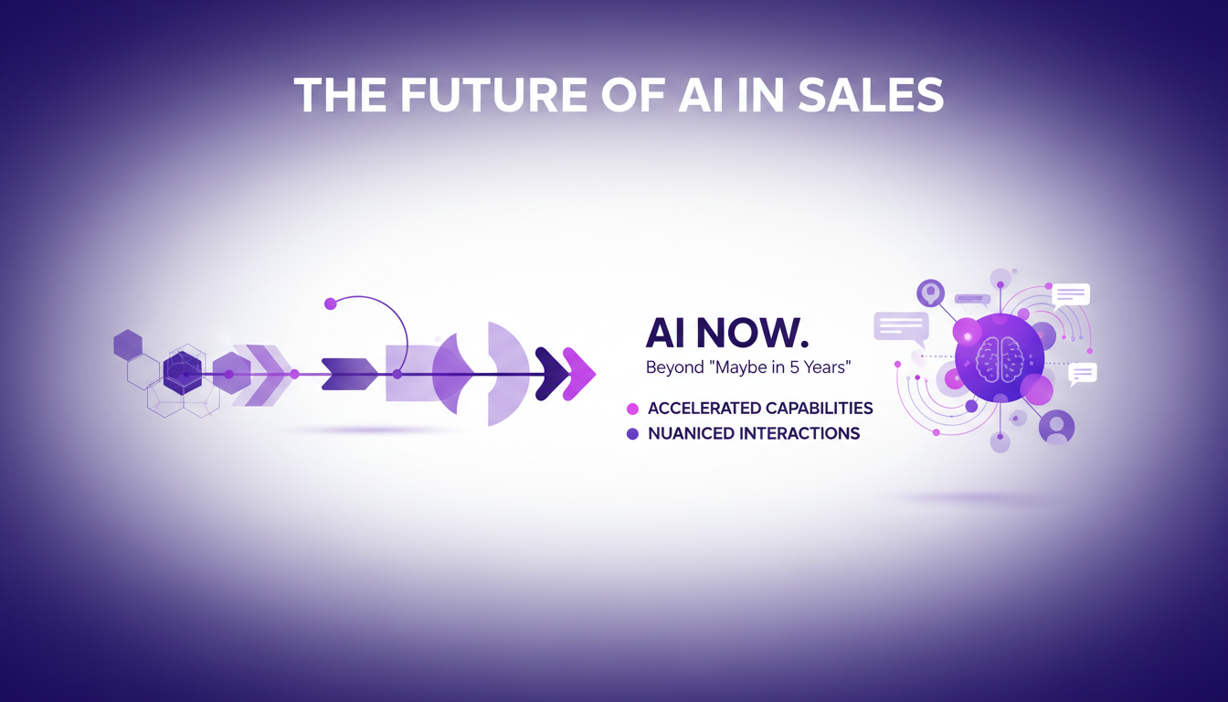 Modern minimalist illustration on AI's future in sales, featuring geometric shapes and gradients in indigo and violet hues.