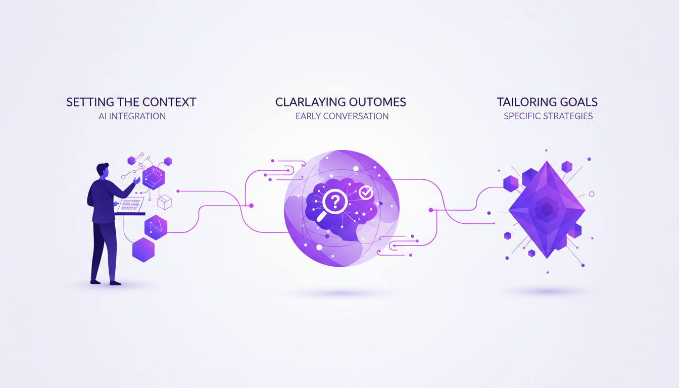 Modern illustration of AI integration in sales workflow with geometric shapes and violet gradients, reflecting innovation and professionalism.