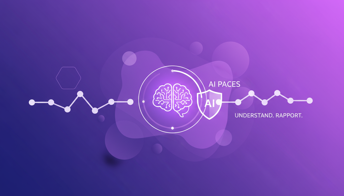 Modern illustration on conversation pacing with AI, featuring geometric shapes and indigo and violet gradients for a professional look.