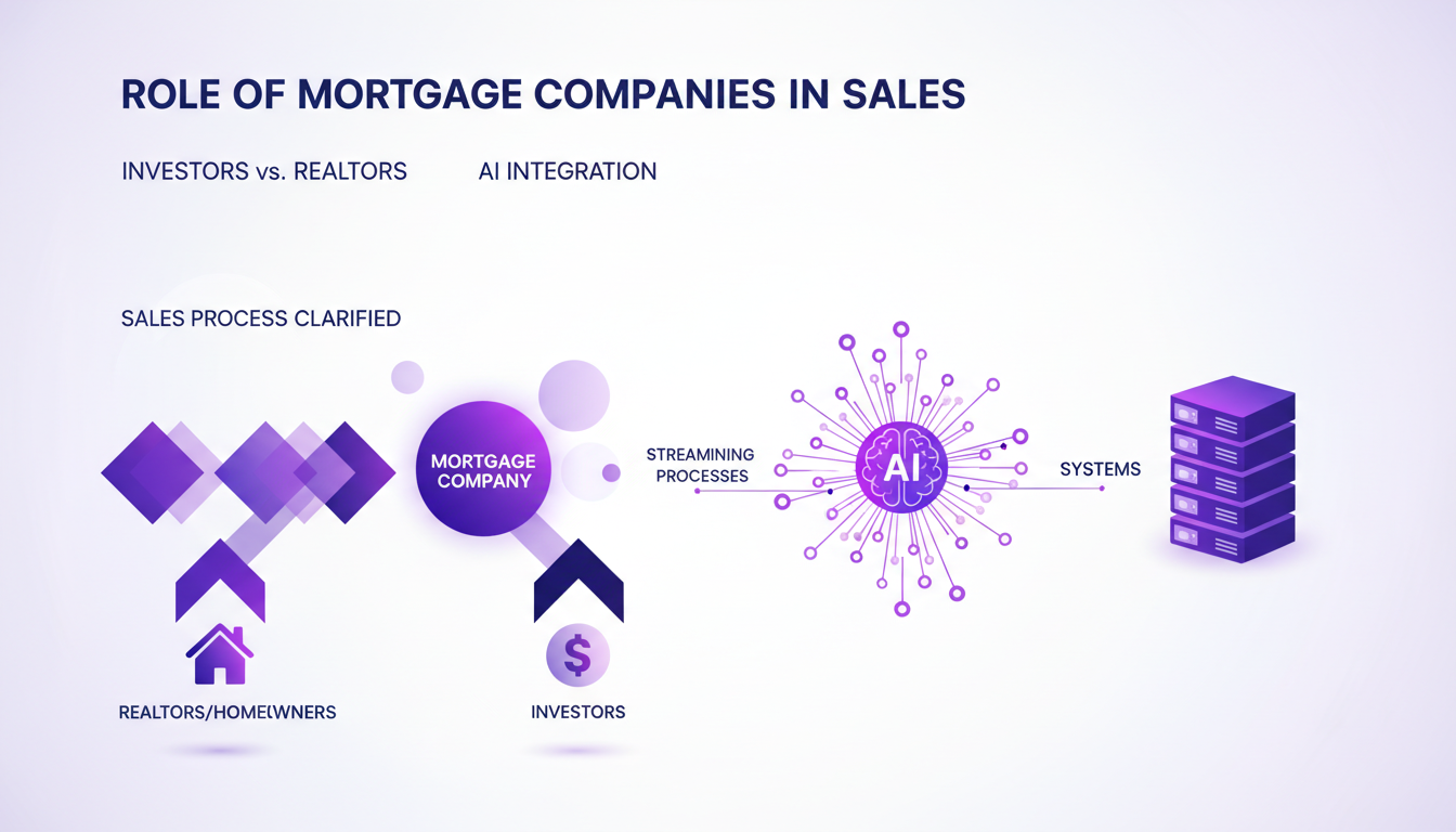 Modern illustration depicting the role of mortgage companies in sales, highlighting AI integration and differences with investors and realtors.