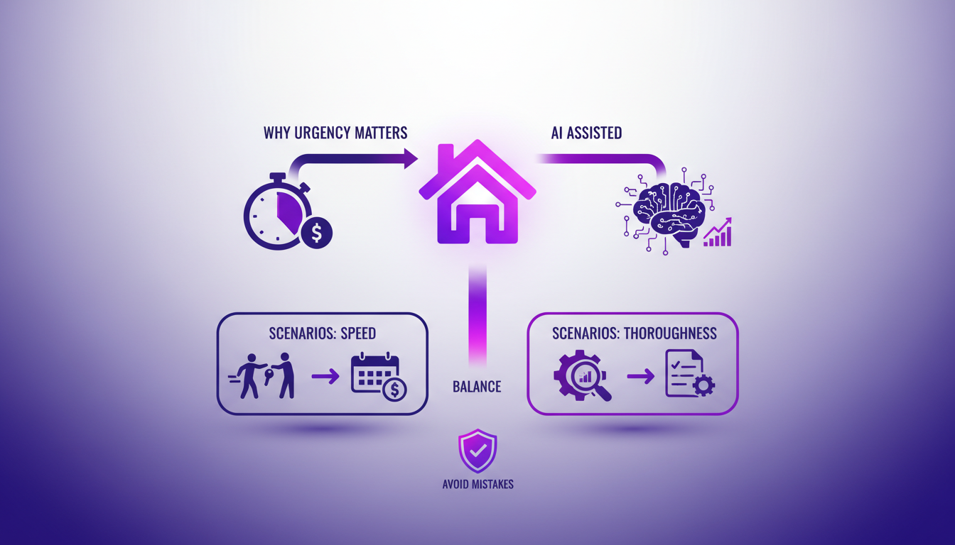 Modern illustration of managing urgency in property sales with AI, featuring geometric shapes and violet gradients.
