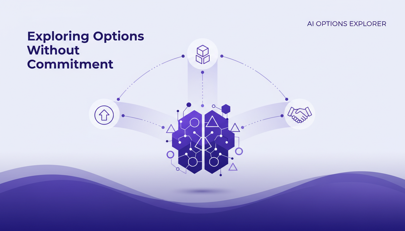 Modern illustration of AI showcasing sales options with flexibility, featuring geometric shapes, indigo and violet colors.