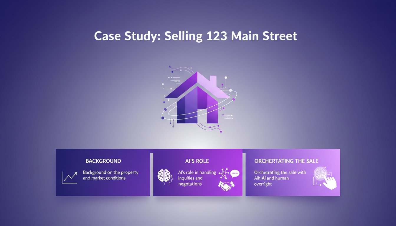 Modern minimalist illustration of selling 123 Main Street using AI for negotiations, featuring geometric shapes and gradient overlays.
