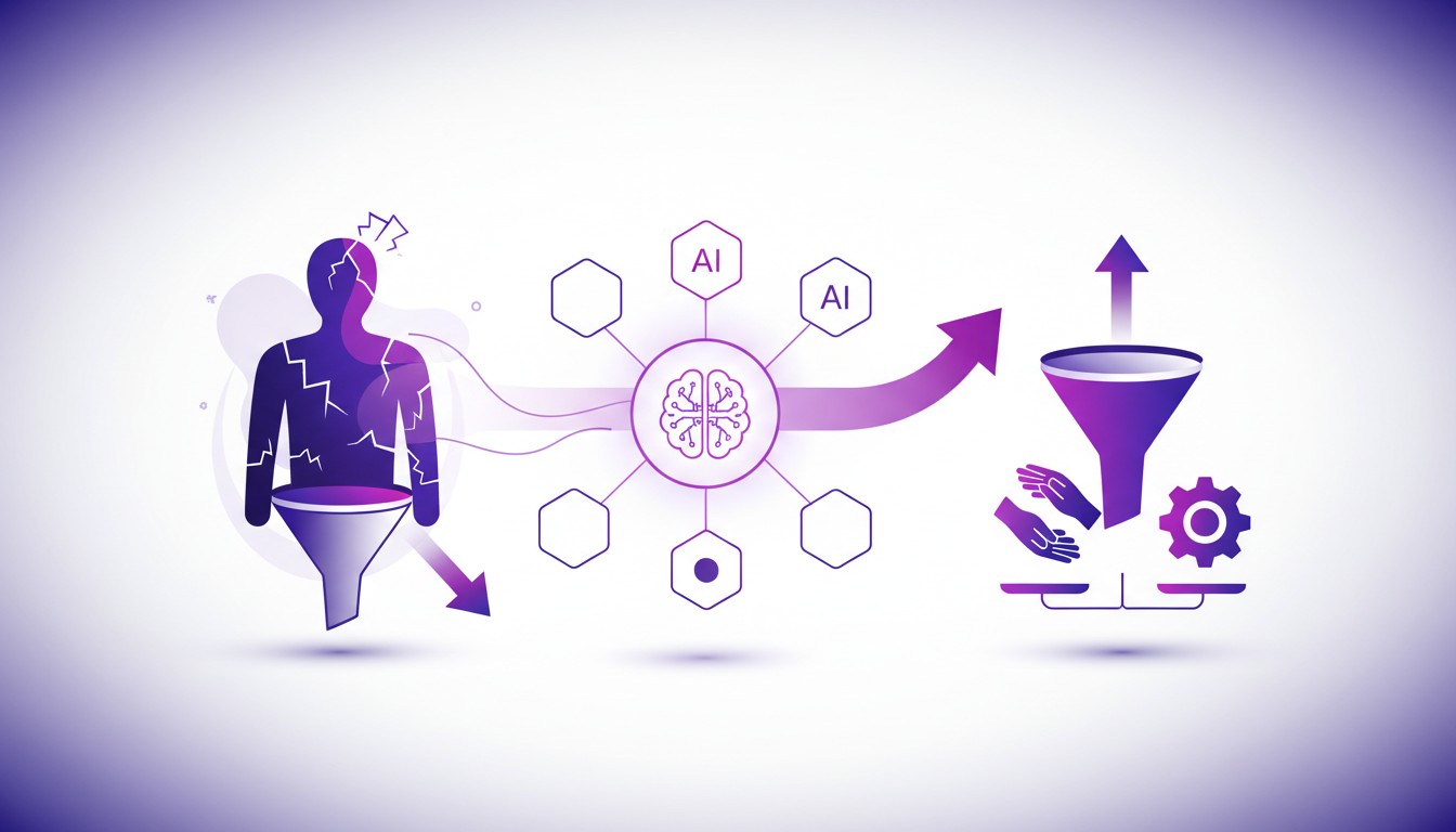 Modern illustration of personal challenges' impact on sales and AI's role, featuring geometric shapes and violet gradients.
