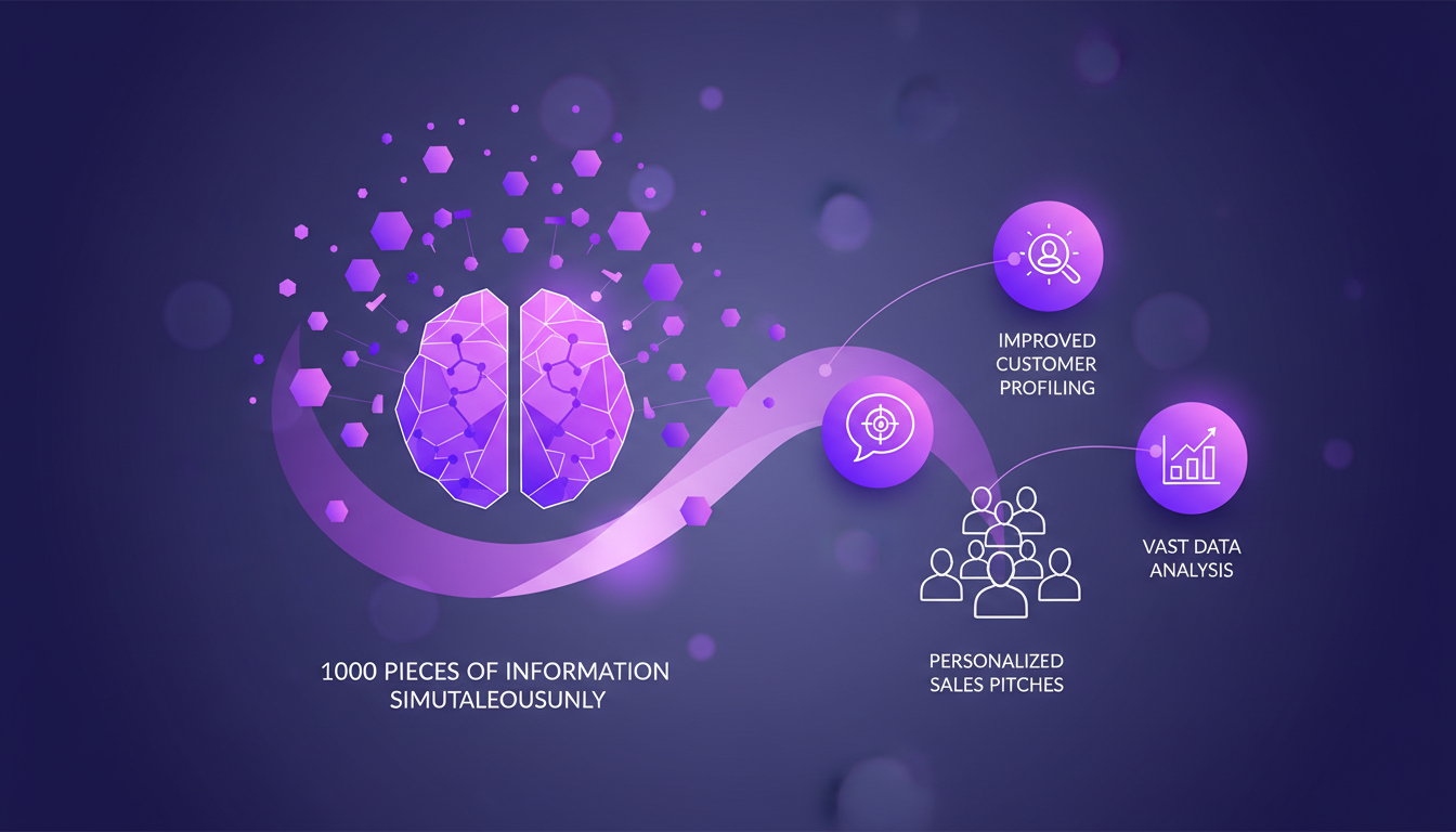 Modern illustration of AI's superior memory capacity with geometric shapes and violet gradients, highlighting data handling.