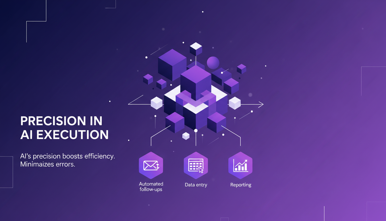 Modern illustration of AI precision execution with geometric shapes and gradients in indigo and violet, symbolizing efficiency.