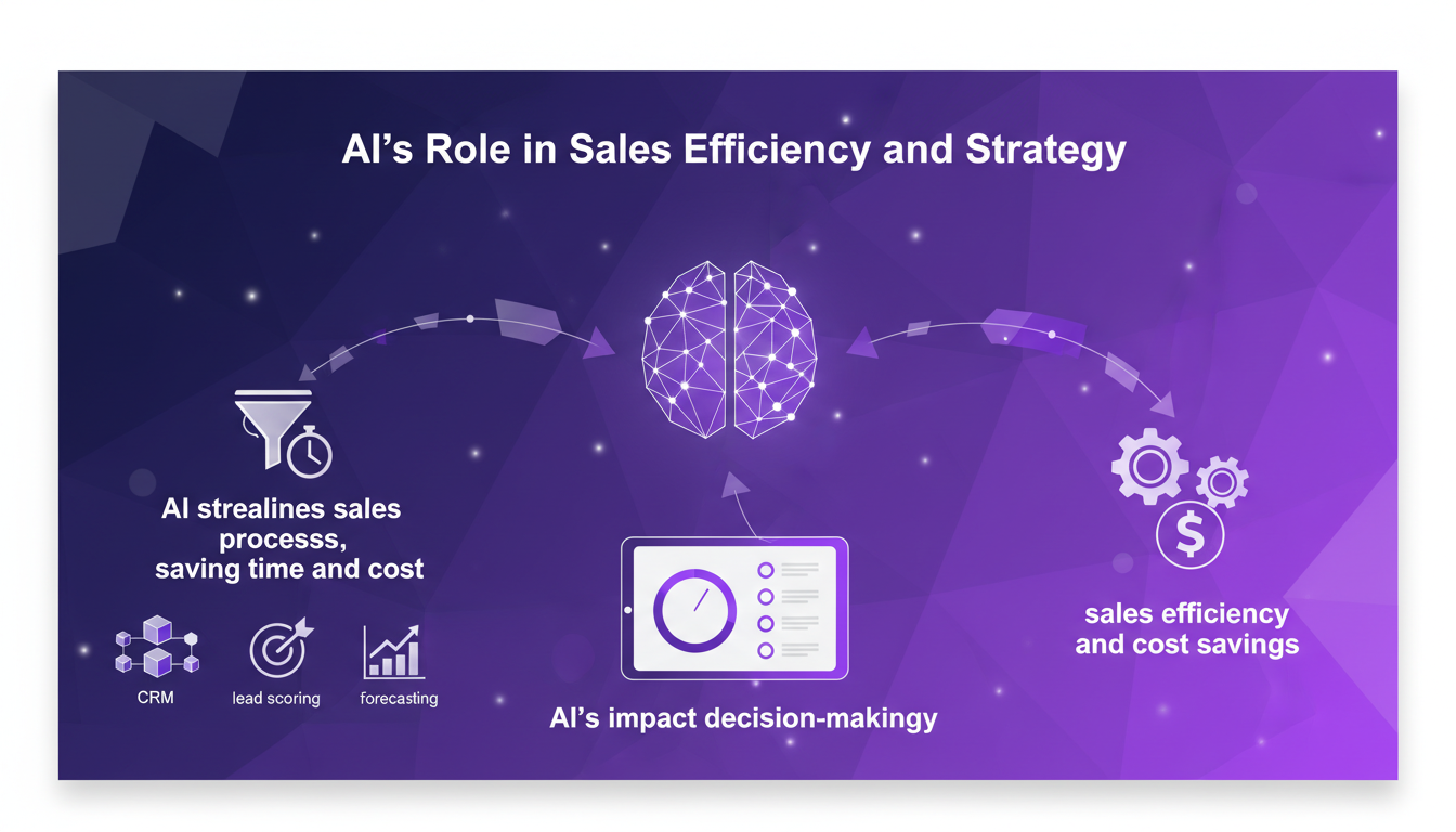 Modern illustration of AI enhancing sales efficiency with CRM, lead scoring, and forecasting, in indigo and violet tones.
