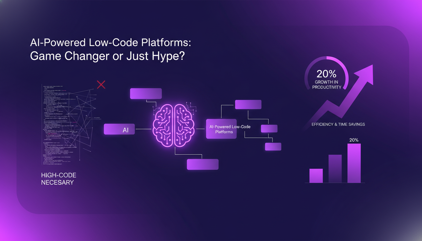 Modern illustration of AI-powered low-code platforms, highlighting their impact on productivity and workflow integration.