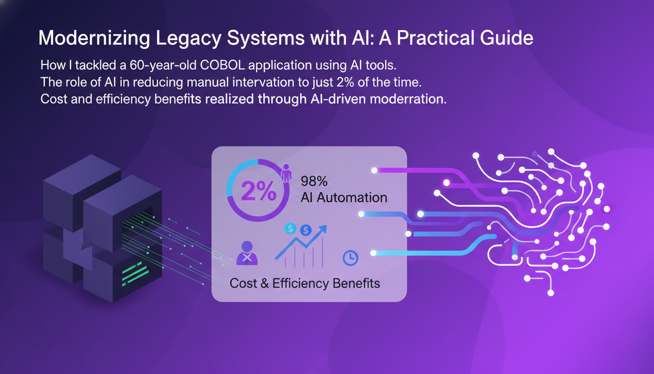 Modern illustration of AI modernizing legacy systems, highlighting AI tools minimizing manual intervention for efficiency.
