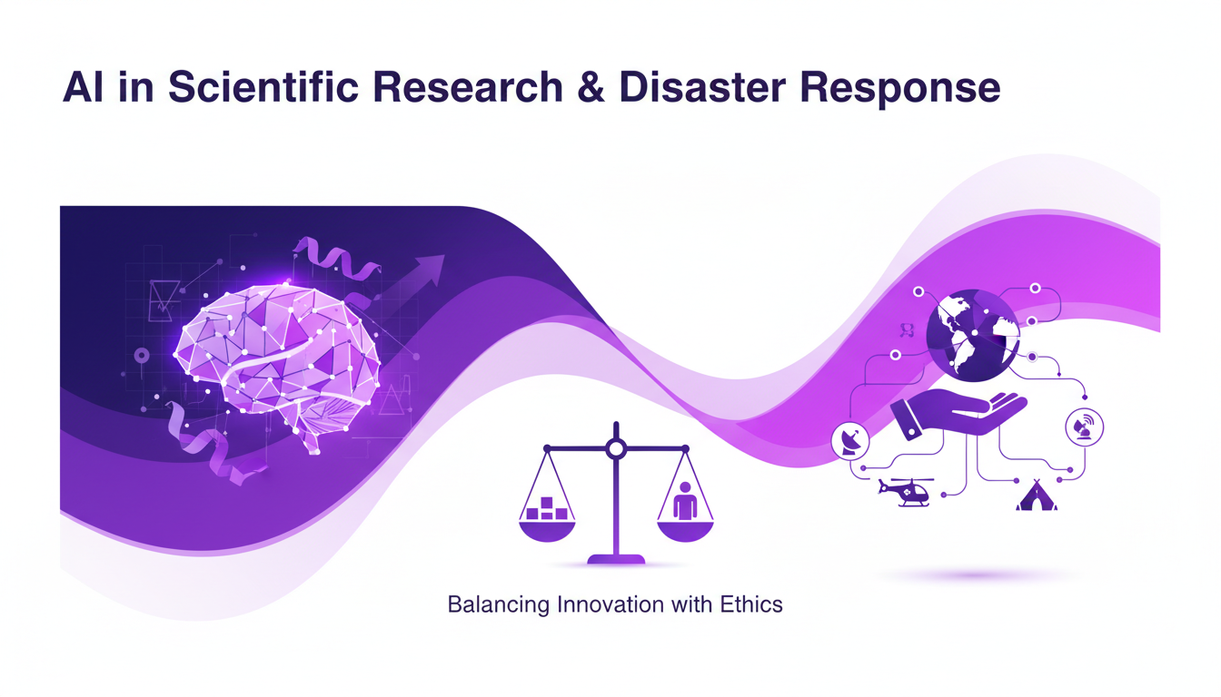Modern illustration of AI in scientific research and disaster response, featuring AlphaFold and relief efforts, violet palette.