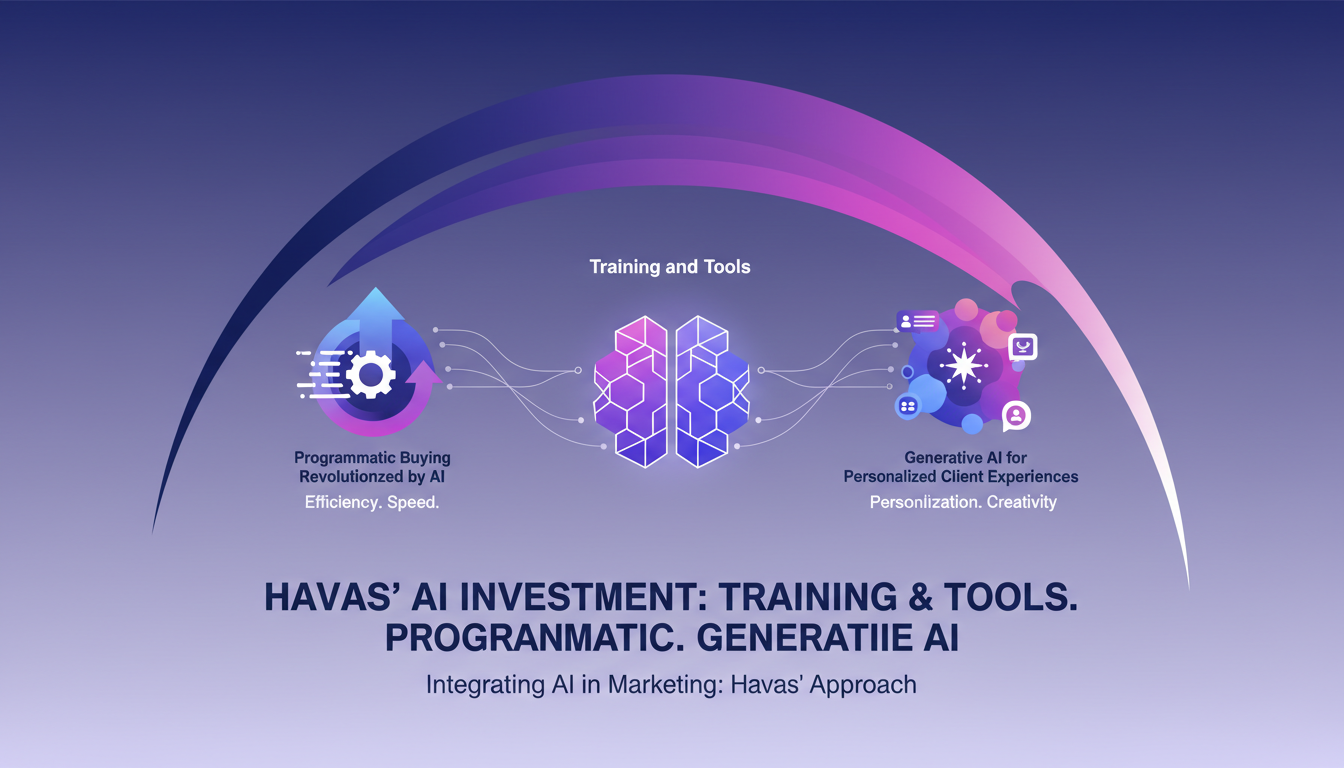 Modern illustration of AI integration in marketing by Havas, featuring geometric shapes and violet gradients, highlighting AI strategy.