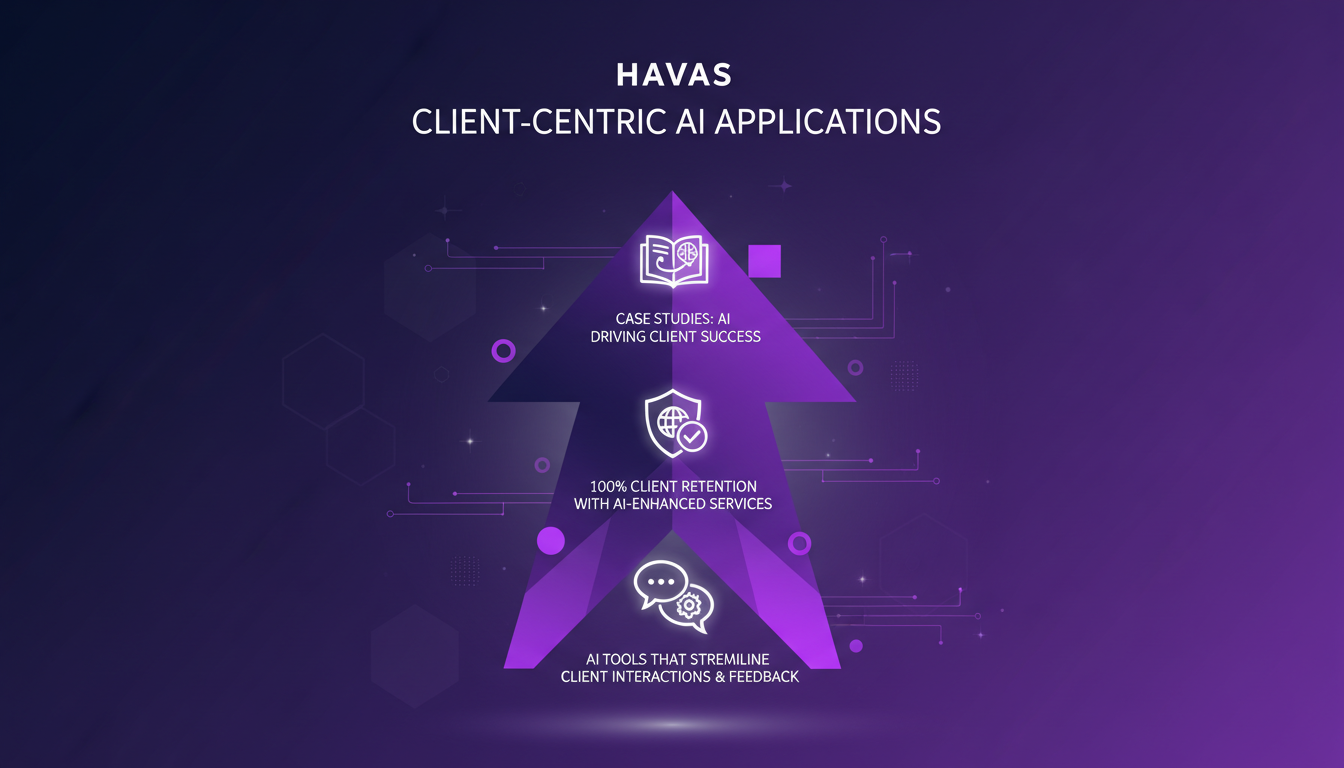 Modern illustration of client-centric AI applications at Havas, showcasing innovative AI tools and successful client case studies.