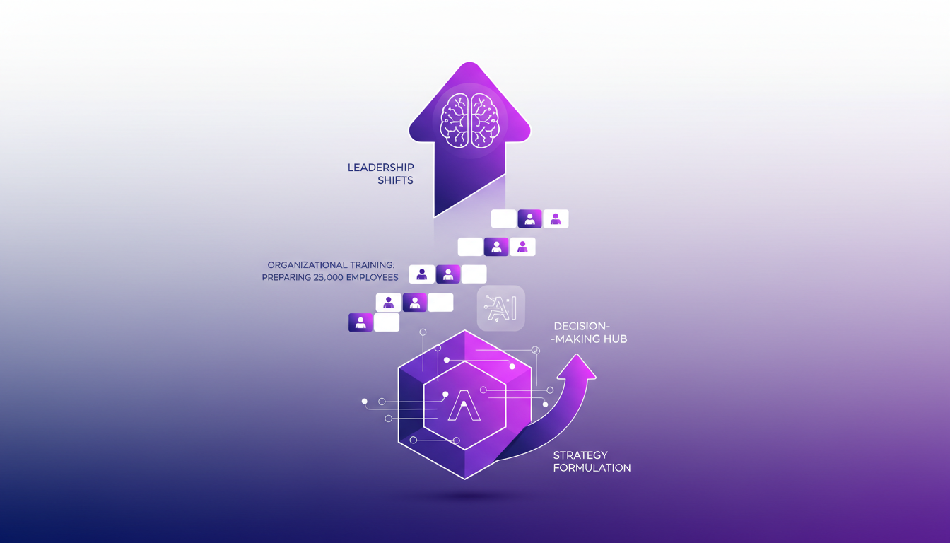 Modern illustration of leadership and organizational change in the AI era, featuring geometric shapes and violet gradients.
