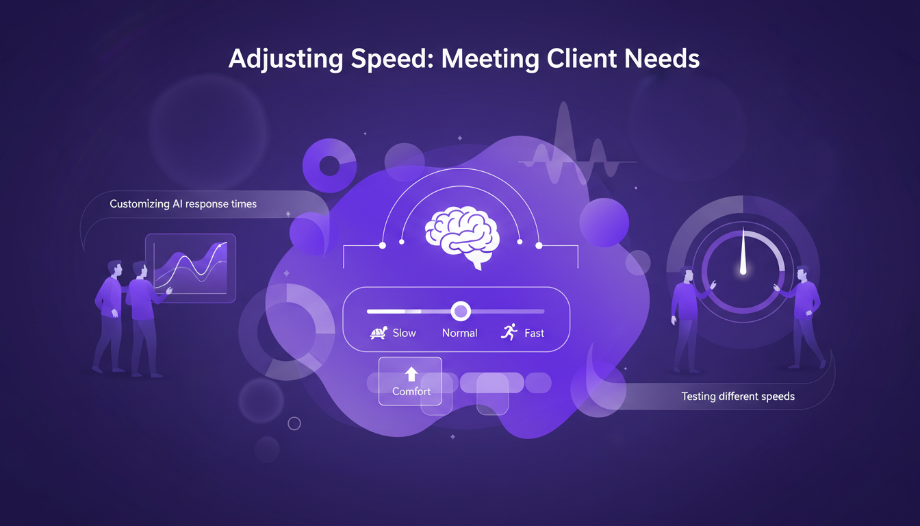 Modern minimalist illustration on adjusting speed to meet client needs, featuring geometric shapes and gradients, relevant to AI technology.