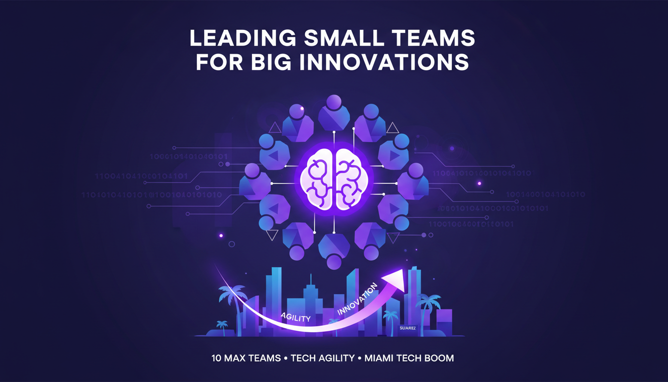 Illustration moderne de petites équipes innovantes à Miami, utilisant la technologie AI, minimaliste avec dégradés indigo et violet.