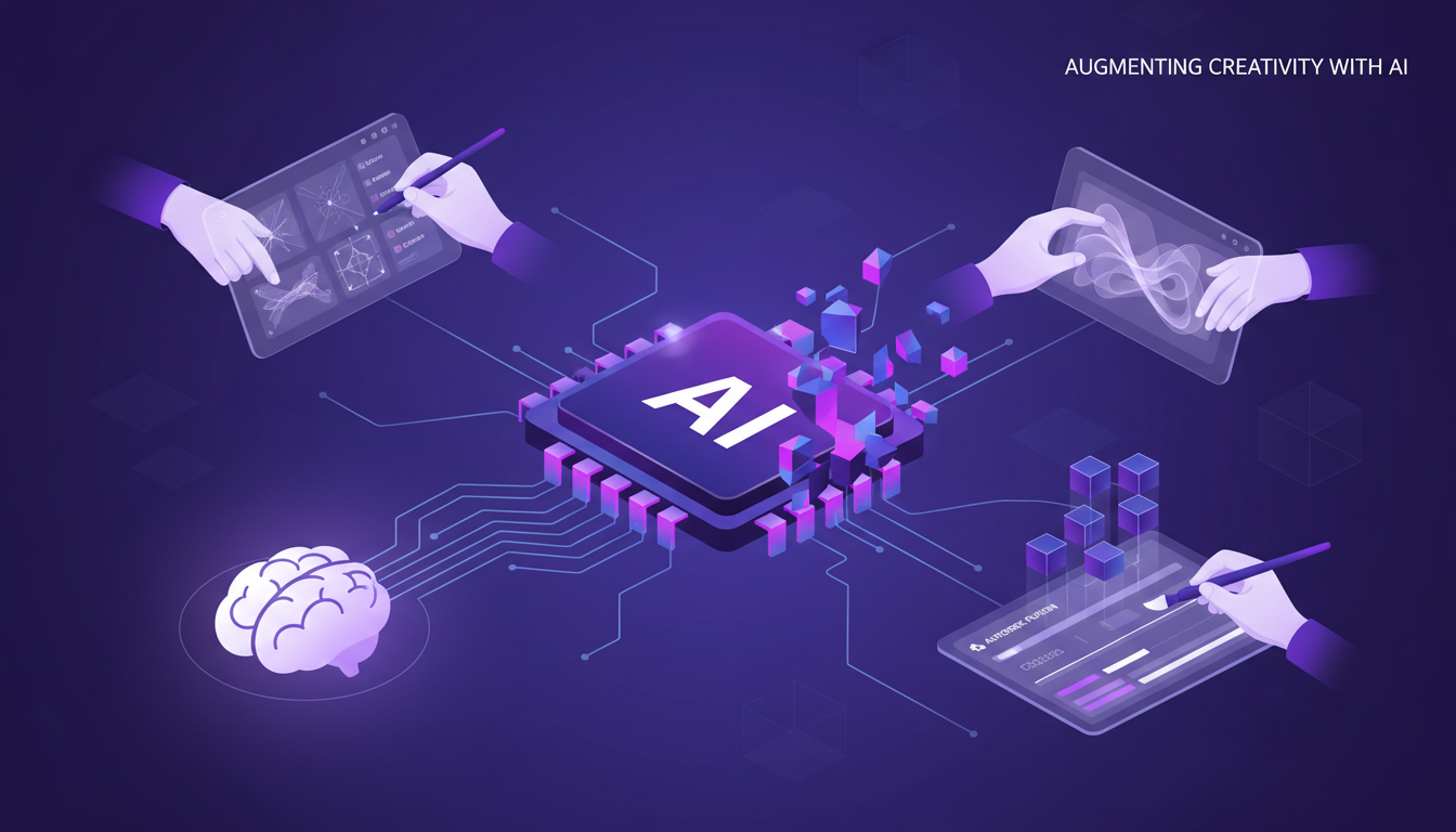 Modern illustration of AI enhancing creativity with geometric shapes and gradients, in deep indigo and violet hues.