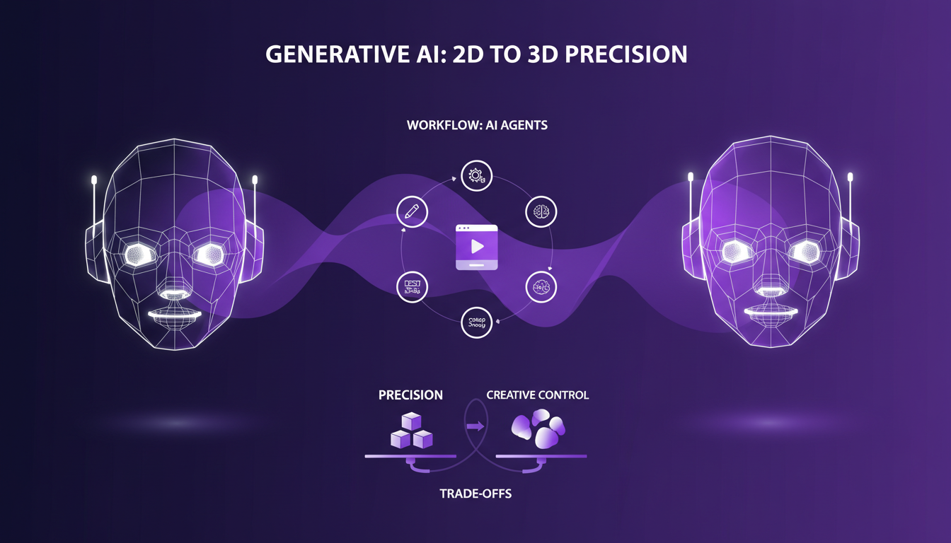 Modern illustration of generative AI transforming 2D sketches into 3D models, featuring geometric shapes and subtle gradient overlays.