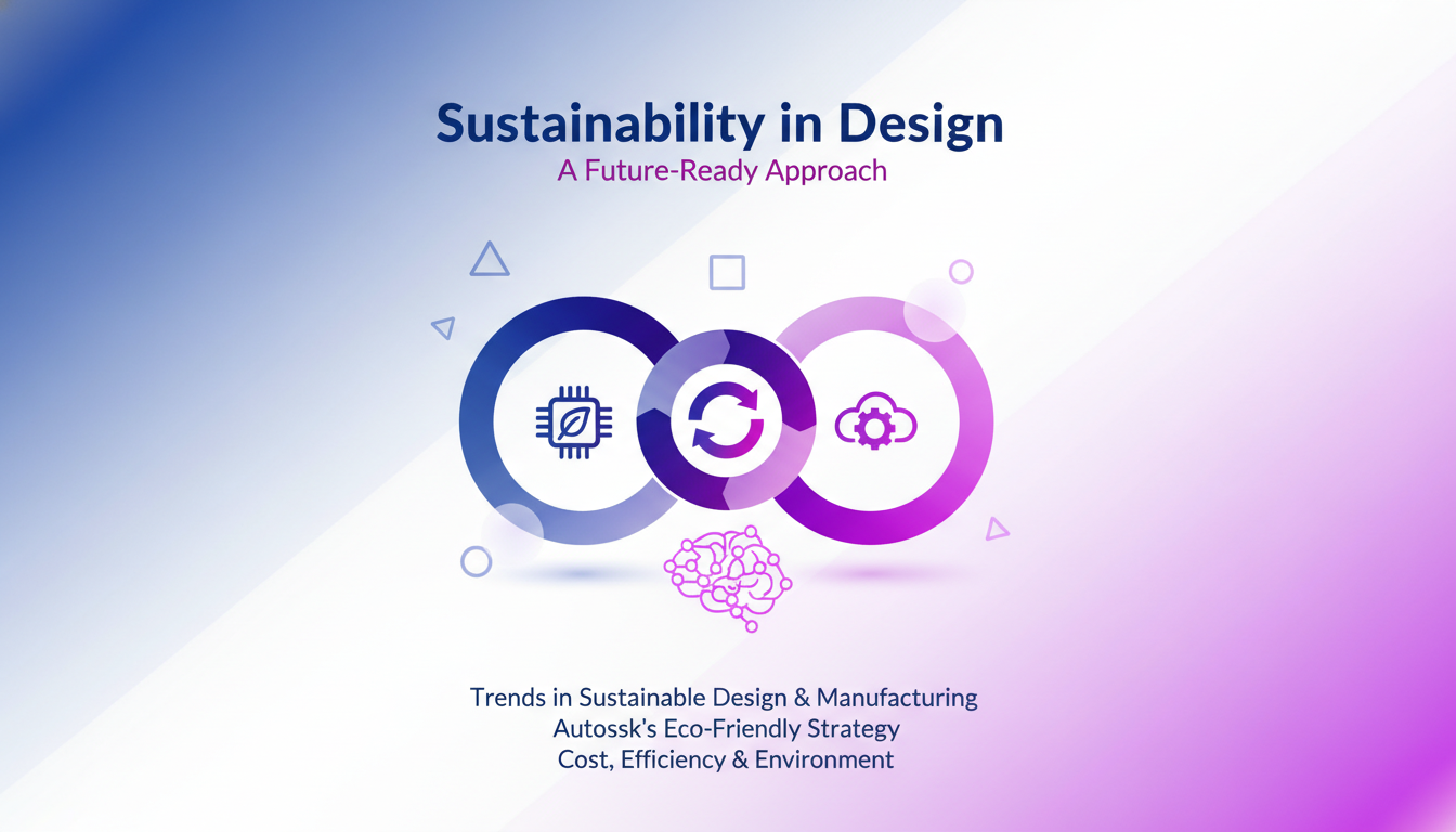 Modern illustration of sustainability in design with geometric shapes and indigo-violet gradients, highlighting eco-friendly trends.