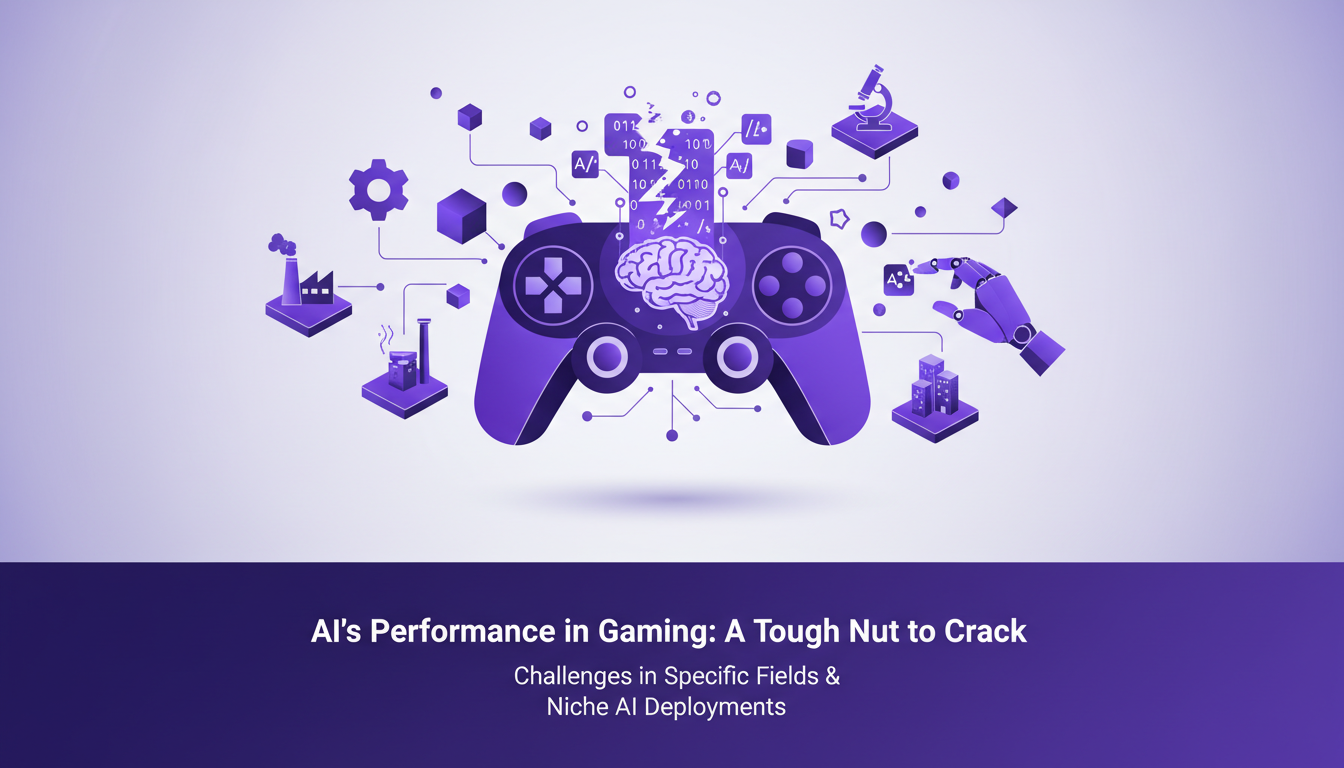 Illustration moderne des défis de l'IA dans le gaming, avec des formes géométriques et dégradés violets, symbolisant l'innovation.