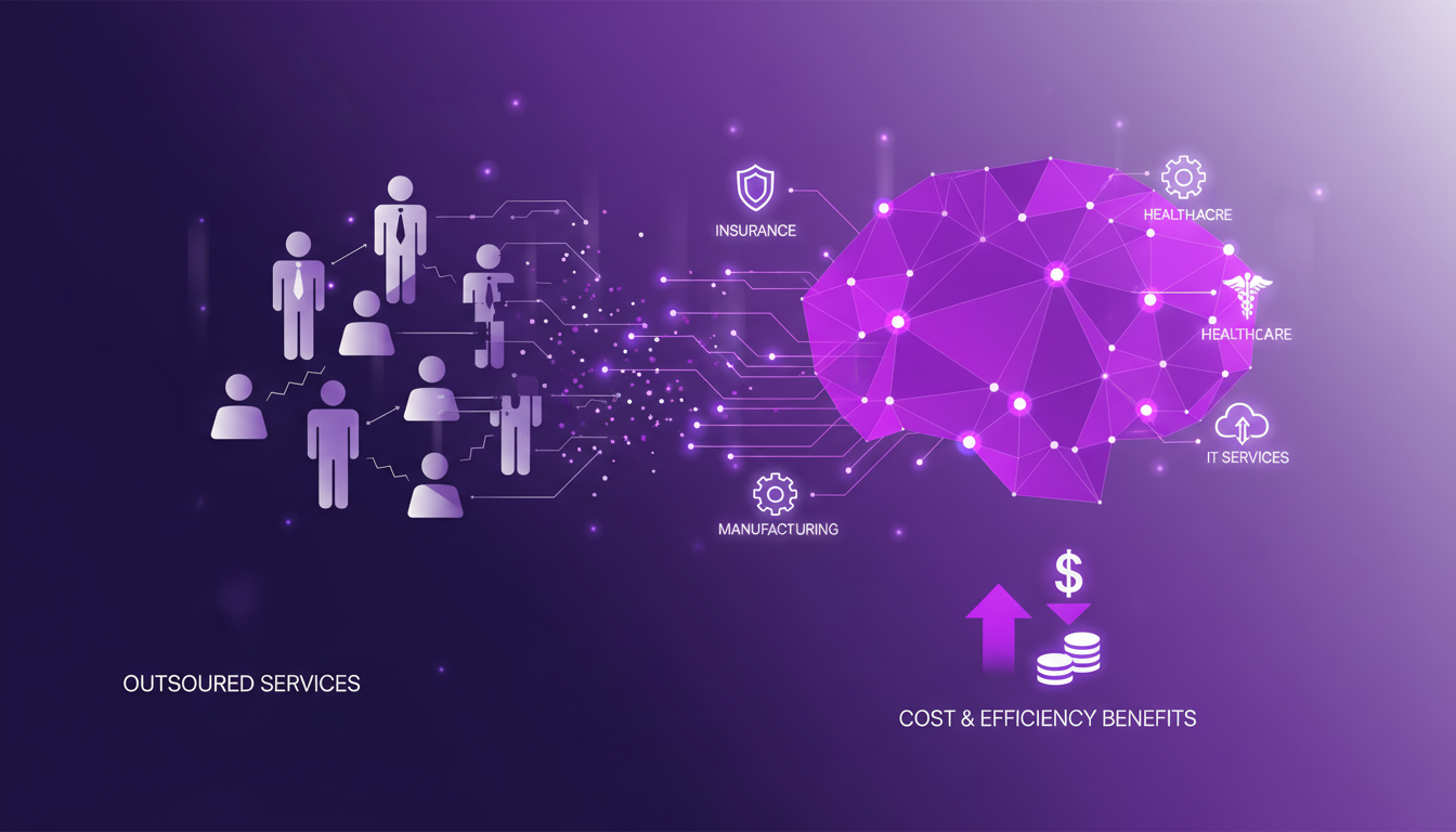 Illustration moderne montrant l'IA remplaçant les services externalisés, avec des formes géométriques et des dégradés violets.