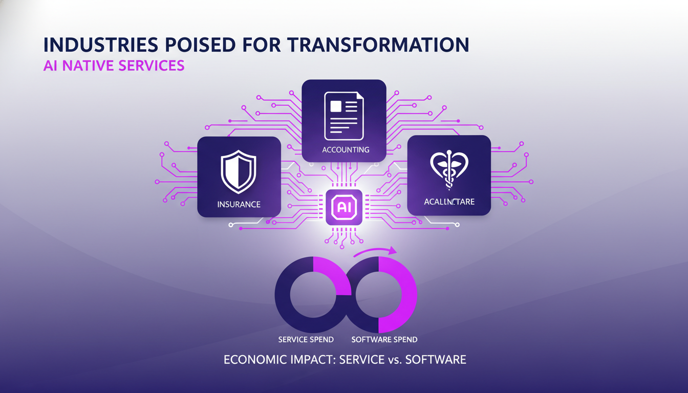 Illustration moderne de l'impact de l'IA sur l'assurance, la comptabilité et la santé, avec des formes géométriques et des dégradés indigo.