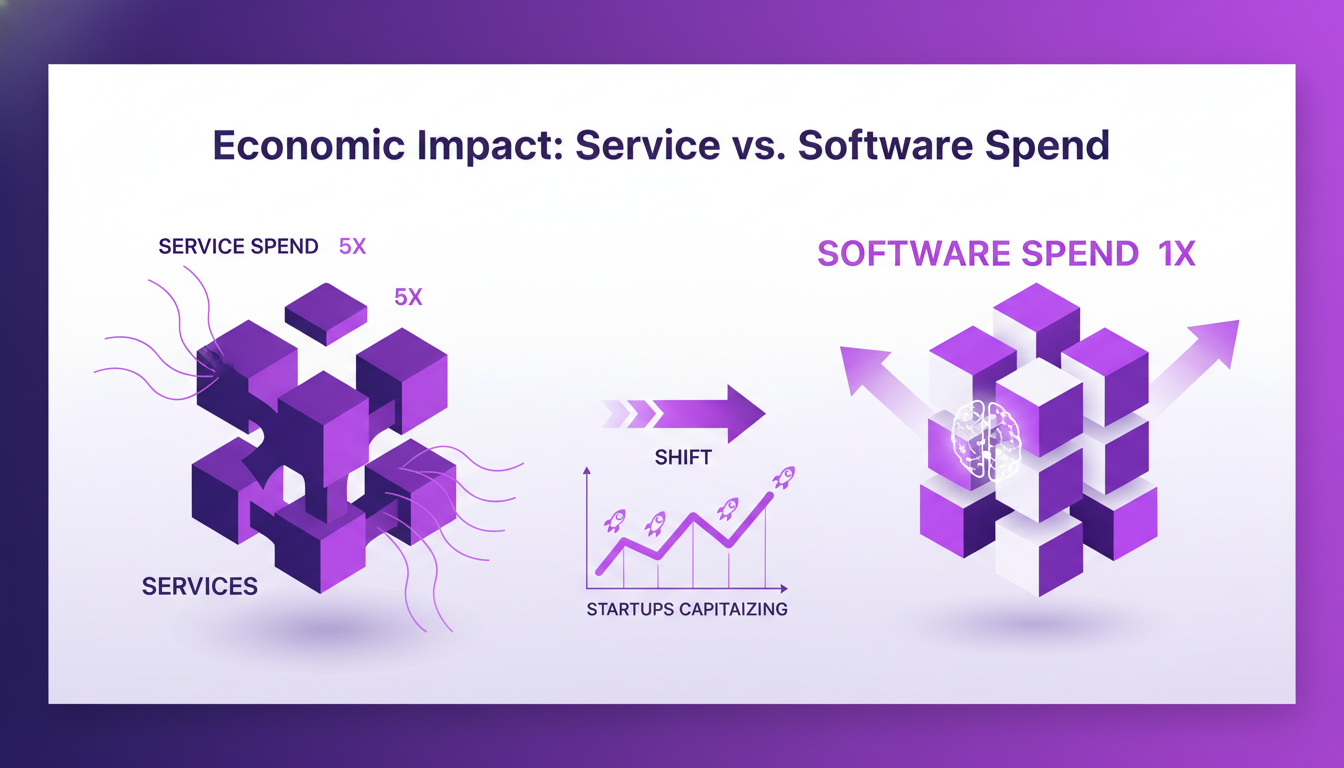 Illustration moderne sur l'impact économique: Dépenses en services vs logiciels, mettant en avant l'essor des startups et l'IA.