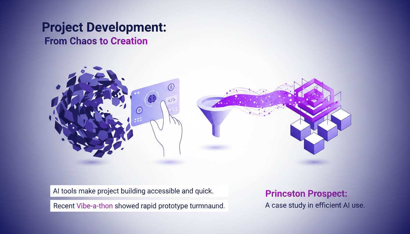Illustration moderne de développement de projet avec outils IA, montrant la transformation du chaos à la création, palette indigo et violet.