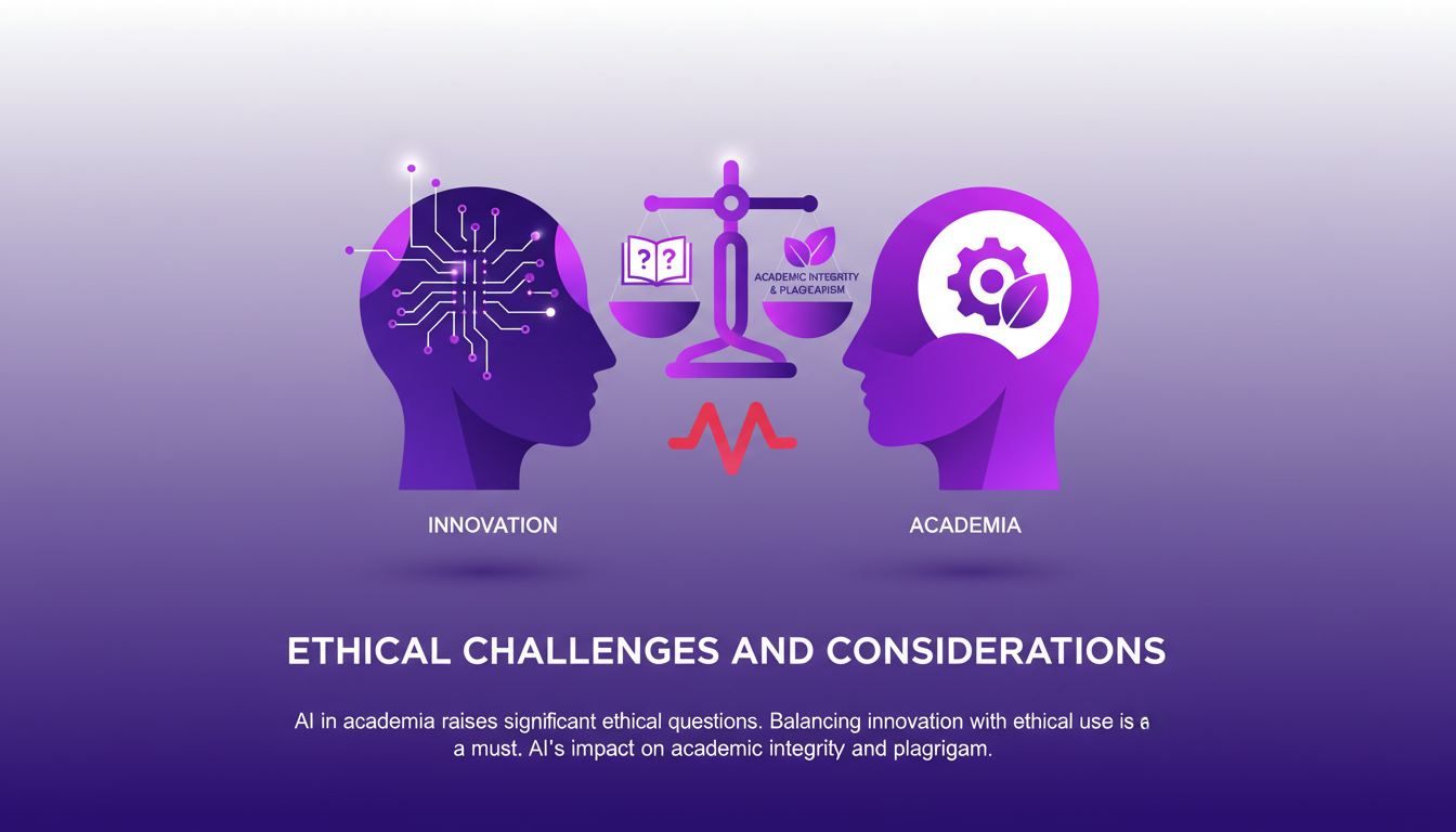 Illustration moderne sur les défis éthiques de l'IA en milieu académique, avec formes géométriques indigo et violet.